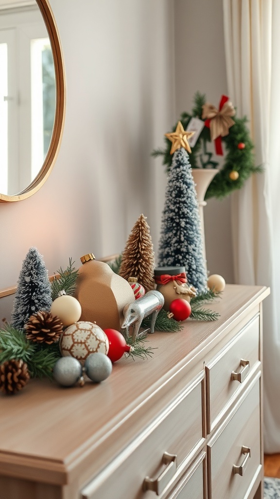 A vintage ornament display on a dresser featuring colorful baubles, pinecones, and small trees.