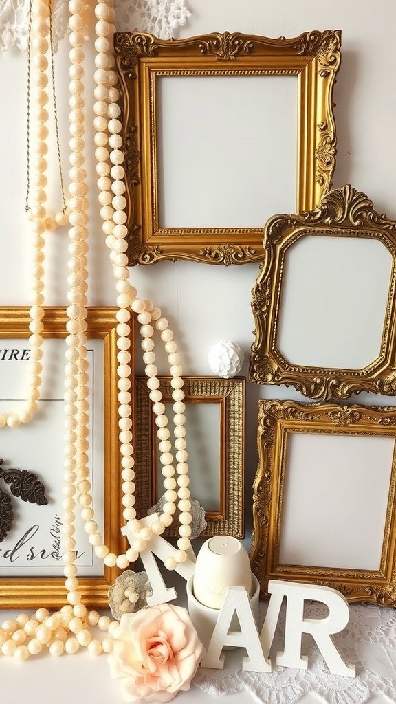 Vintage pearl decor with ornate frames, beads, and a rose