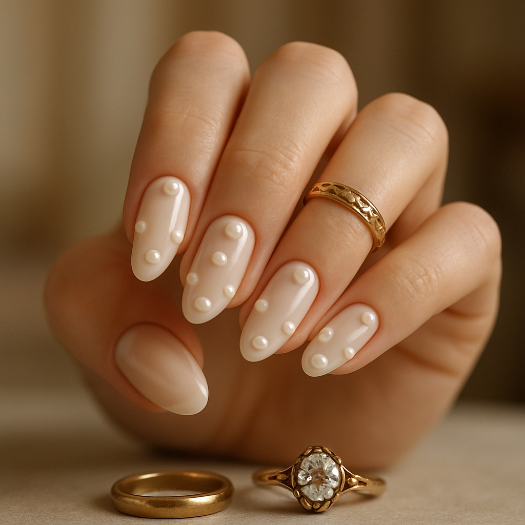 A hand with vintage pearl nails, featuring a creamy base and small pearls, alongside two rings.