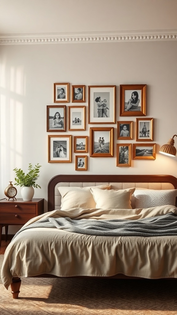A cozy vintage bedroom with a wall of photo frames showcasing black-and-white images.