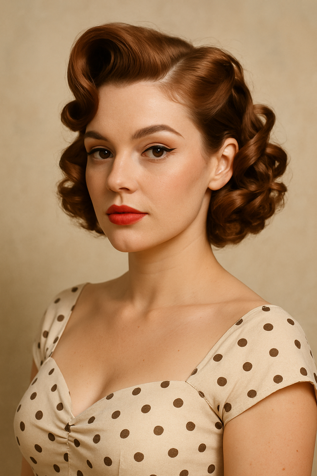 A woman with vintage pin-up curls and red lipstick, wearing a polka dot dress.