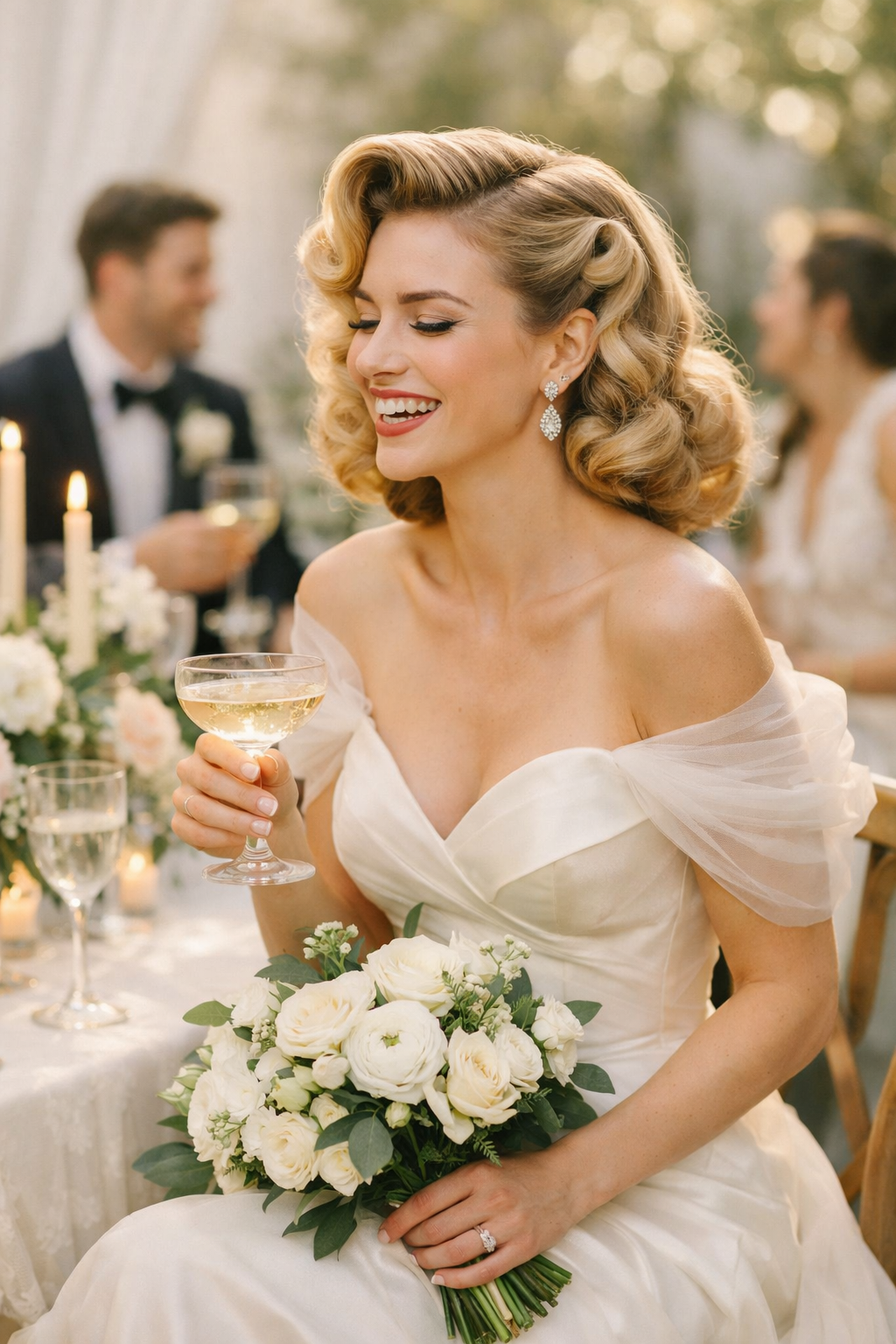 A woman with vintage pin-up curls wearing a bridal gown, holding a glass of champagne and smiling.