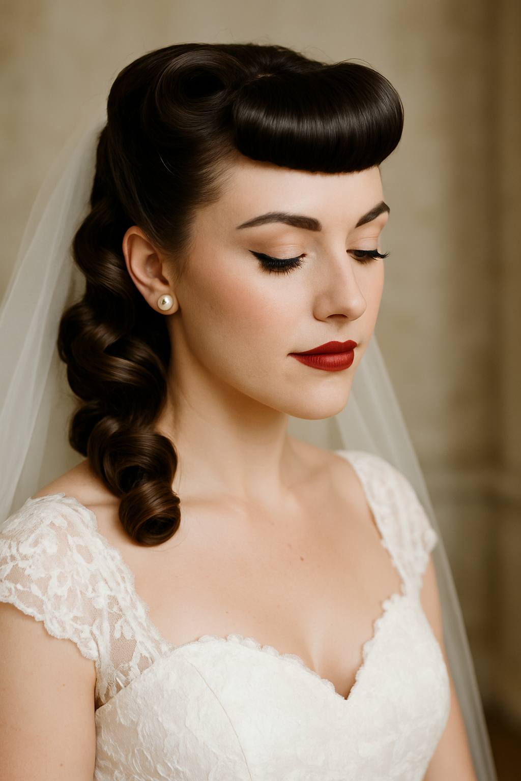 A bride with vintage pin-up curls and bangs, wearing a lace wedding dress and red lipstick.