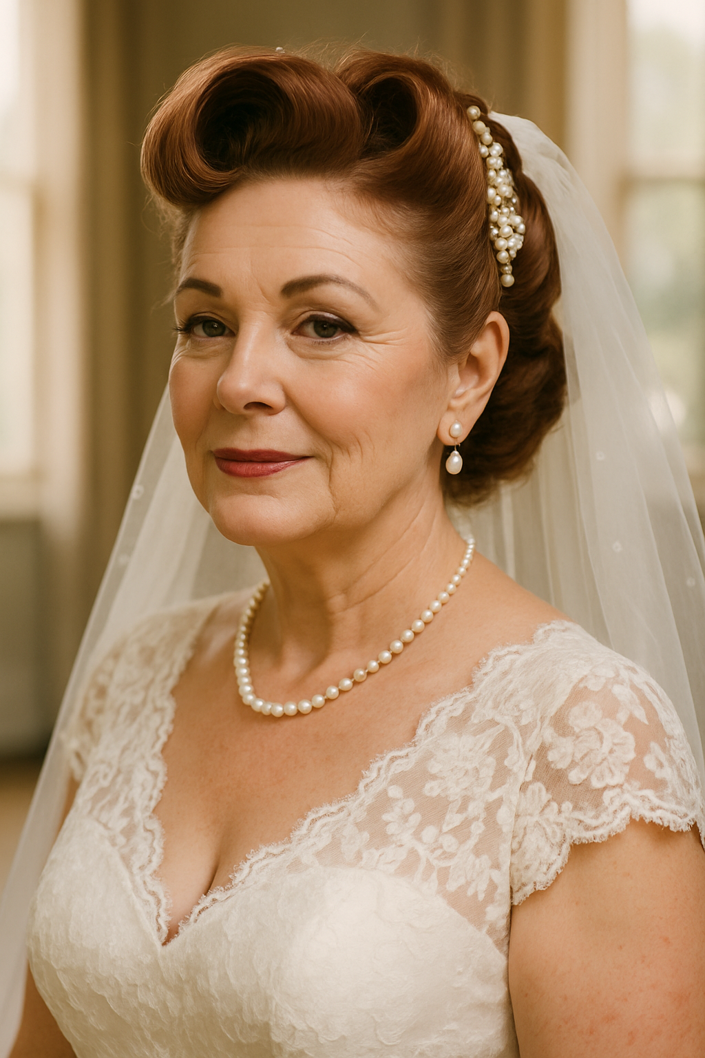 Mature bride with vintage pin-up hairstyle, wearing a veil and pearl accessories