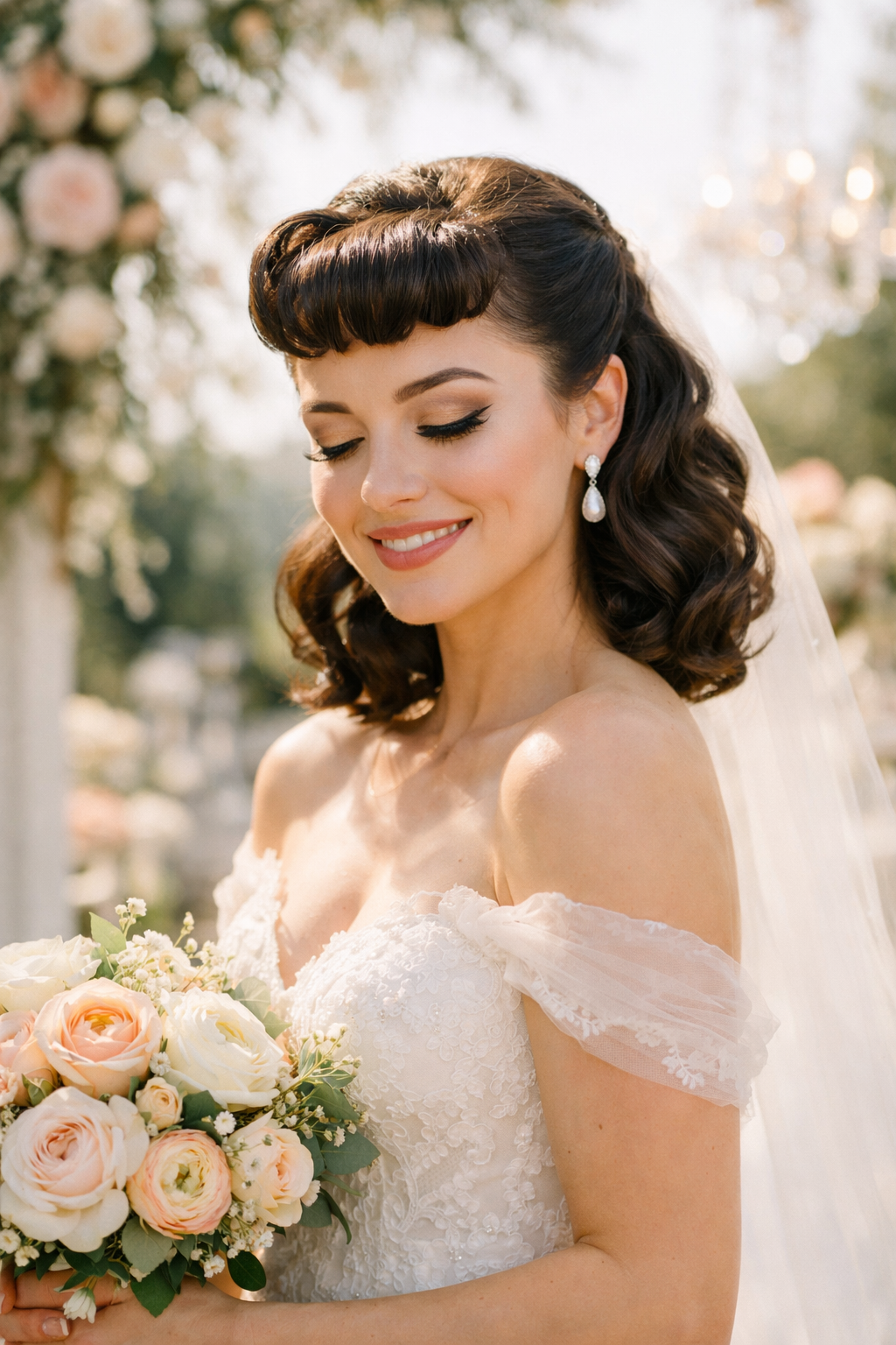 A bride with vintage pin-up hairstyle featuring retro bangs and a floral bouquet.