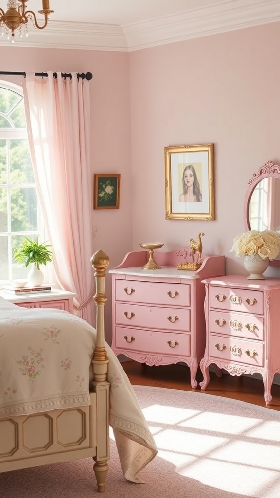 A vintage pink bedroom featuring a pink dresser, nightstands, and soft floral bedding.