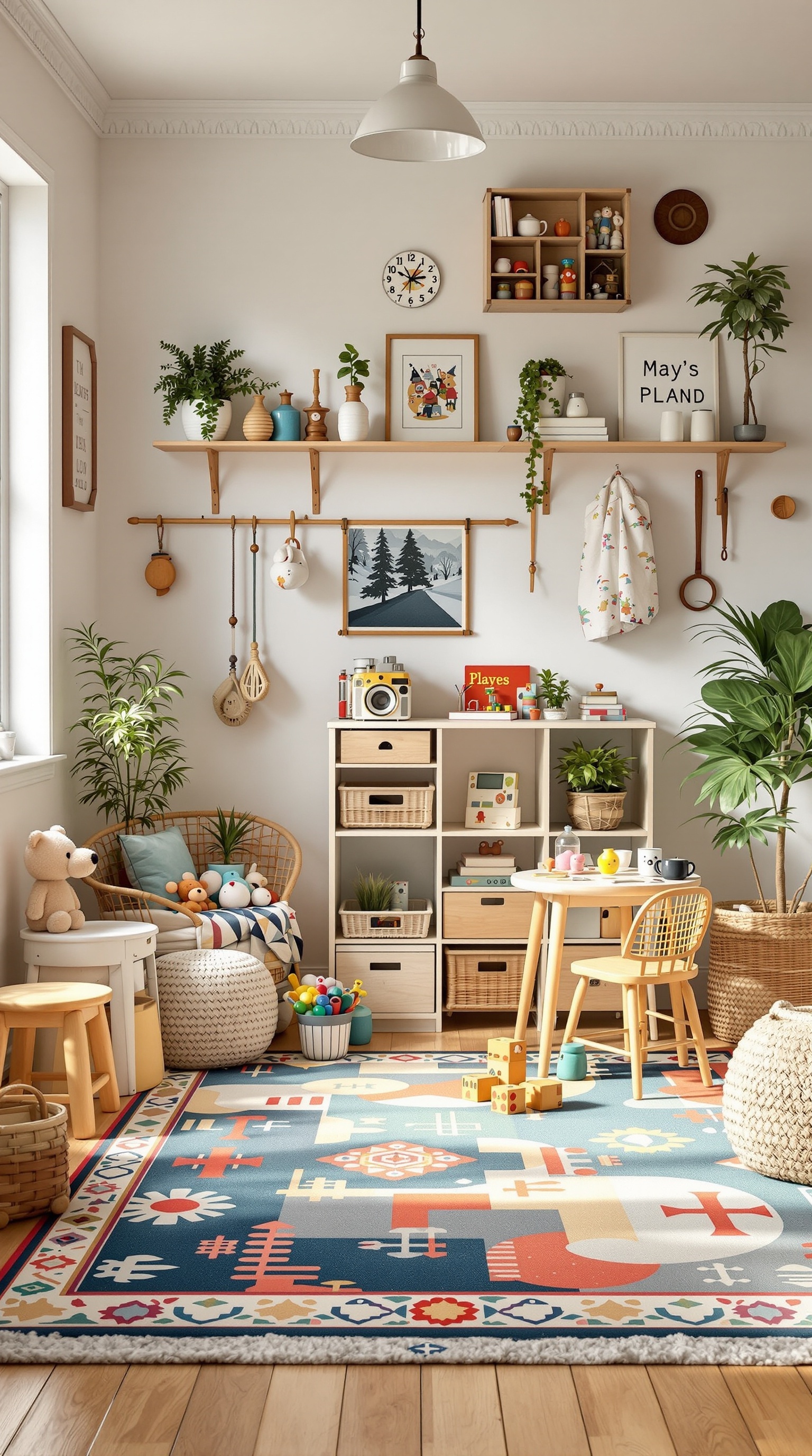 A vintage-inspired kids playroom featuring colorful decor, toys, and a cozy seating area.