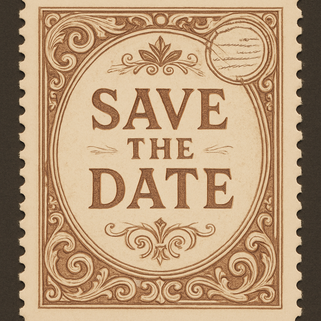 Vintage postage stamp design with 'SAVE THE DATE' text