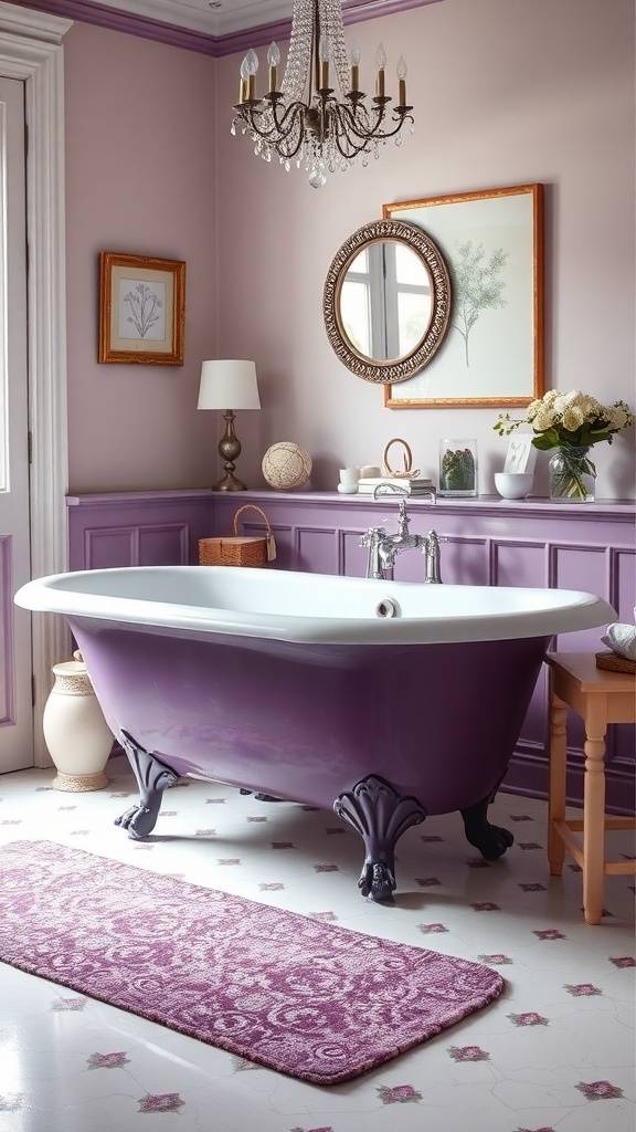 A vintage purple clawfoot tub in a stylish bathroom with lavender walls and elegant decor.