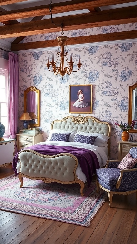 A vintage purple bedroom featuring floral wallpaper, an ornate bed, and elegant decor.
