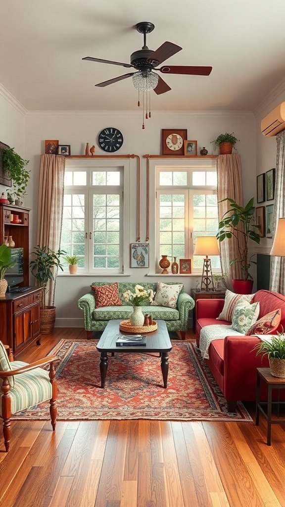 A cozy vintage retro style living room with green and red sofas, wooden flooring, and decorative plants.