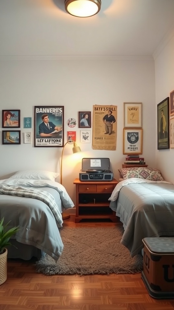 A cozy teen bedroom with two twin beds, vintage posters on the walls, a record player on a nightstand, and a soft area rug.