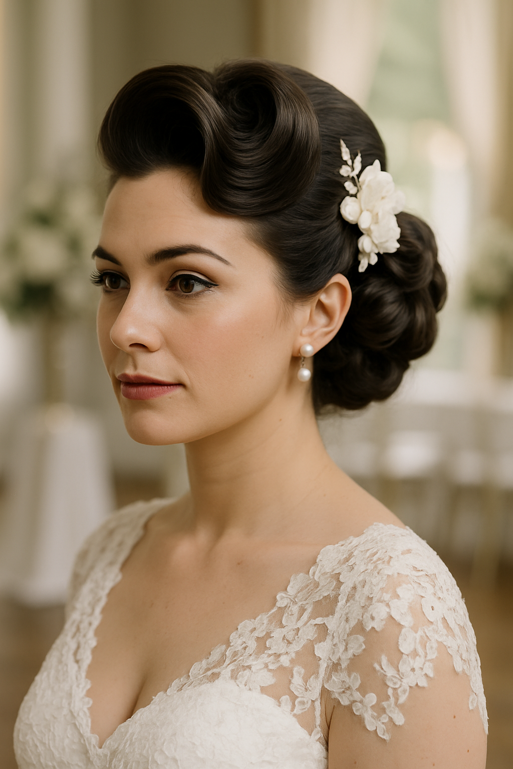 Bride with a Vintage Rockabilly Updo hairstyle, featuring smooth waves and floral accessories.