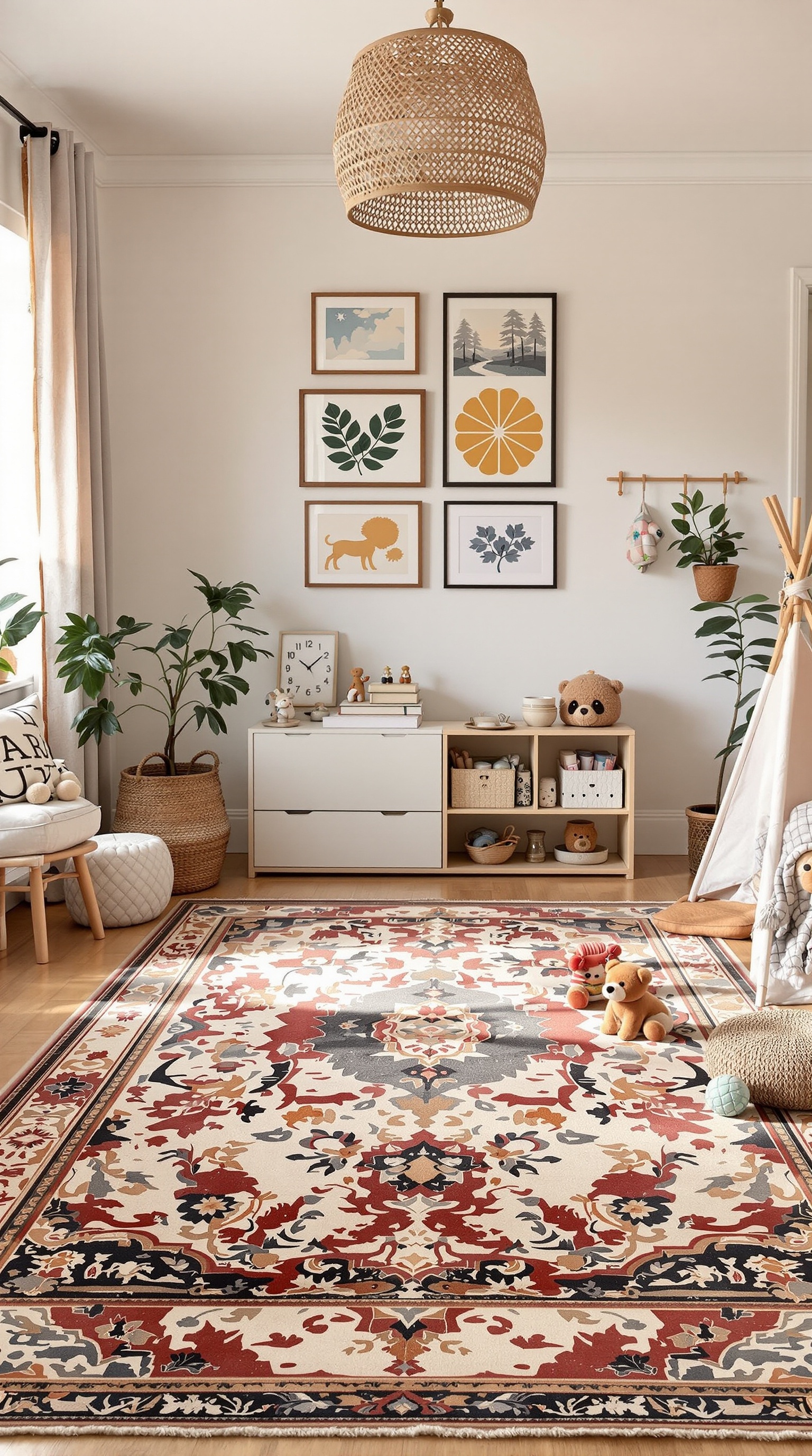 A cozy toddler room featuring a vintage rug with intricate patterns and playful decor.