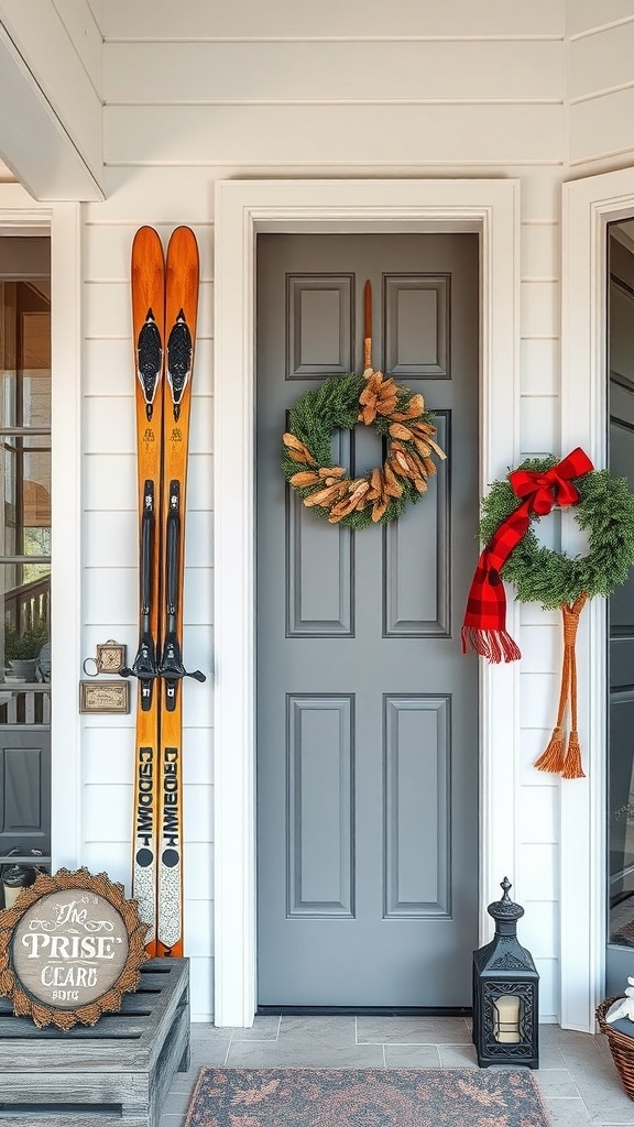 A front door decorated with vintage skis, snowshoes, and wreaths, creating a cozy winter atmosphere.