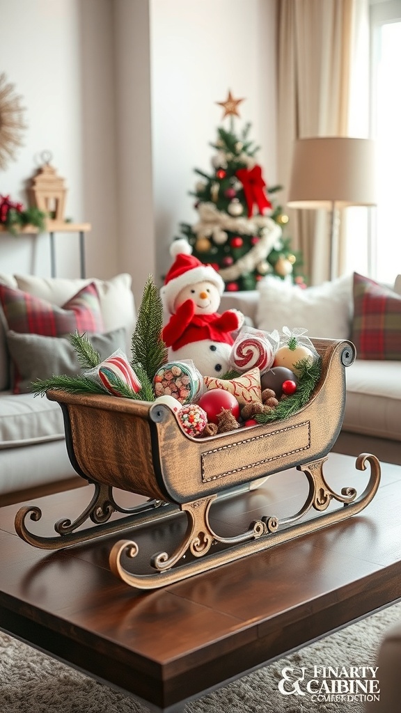 A vintage sleigh filled with festive treats, including candies and a snowman, on a coffee table with a Christmas tree in the background.