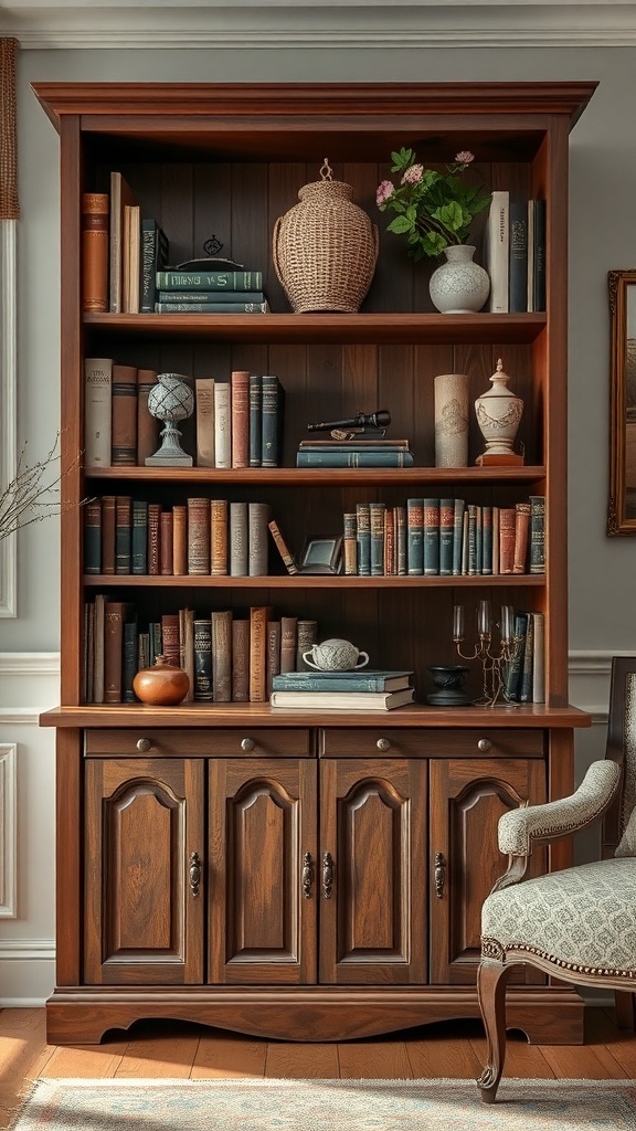A vintage small bookshelf made of wood, filled with books and decorative items, featuring closed cabinets at the bottom.