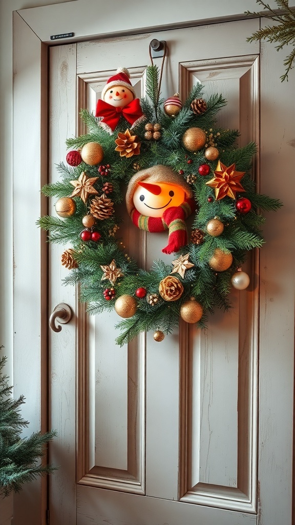 A vintage snowman wreath featuring colorful ornaments and cheerful snowman figures, hanging on a door.