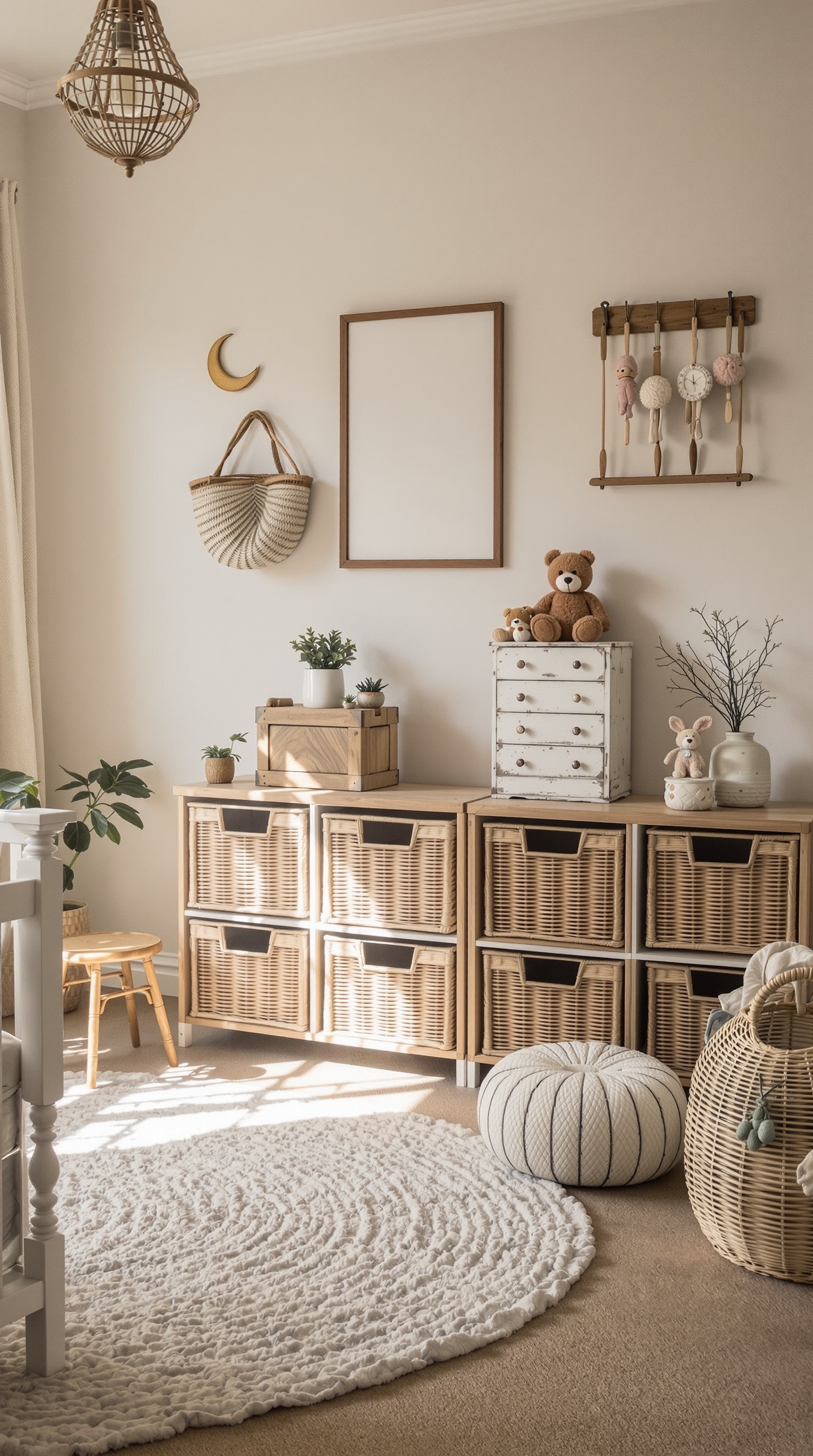 A vintage baby room featuring woven storage baskets, wooden drawers, and soft decor elements.