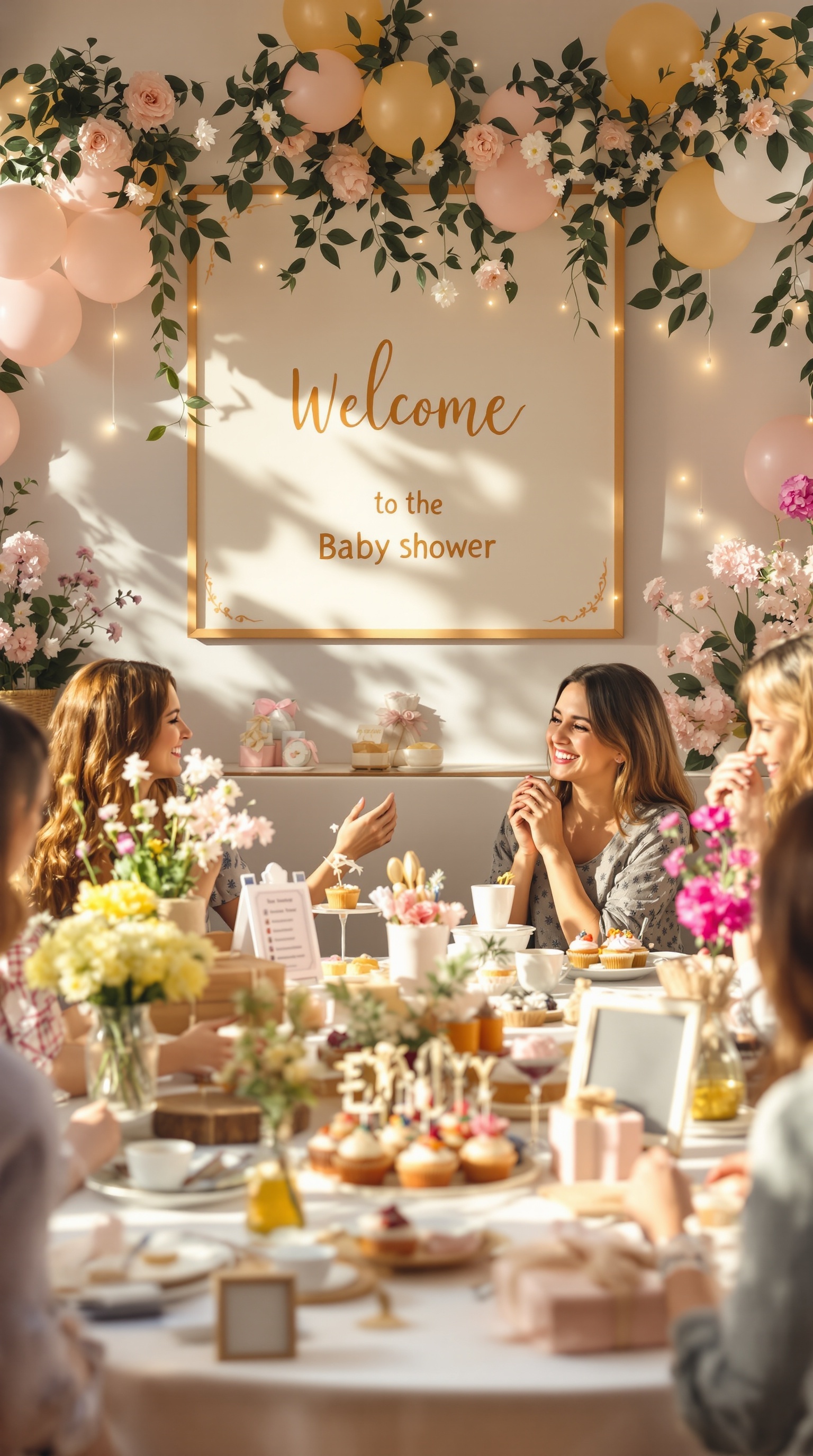 A beautifully decorated baby shower scene with a vintage storybook theme, featuring a welcome sign, floral arrangements, and a table filled with treats.