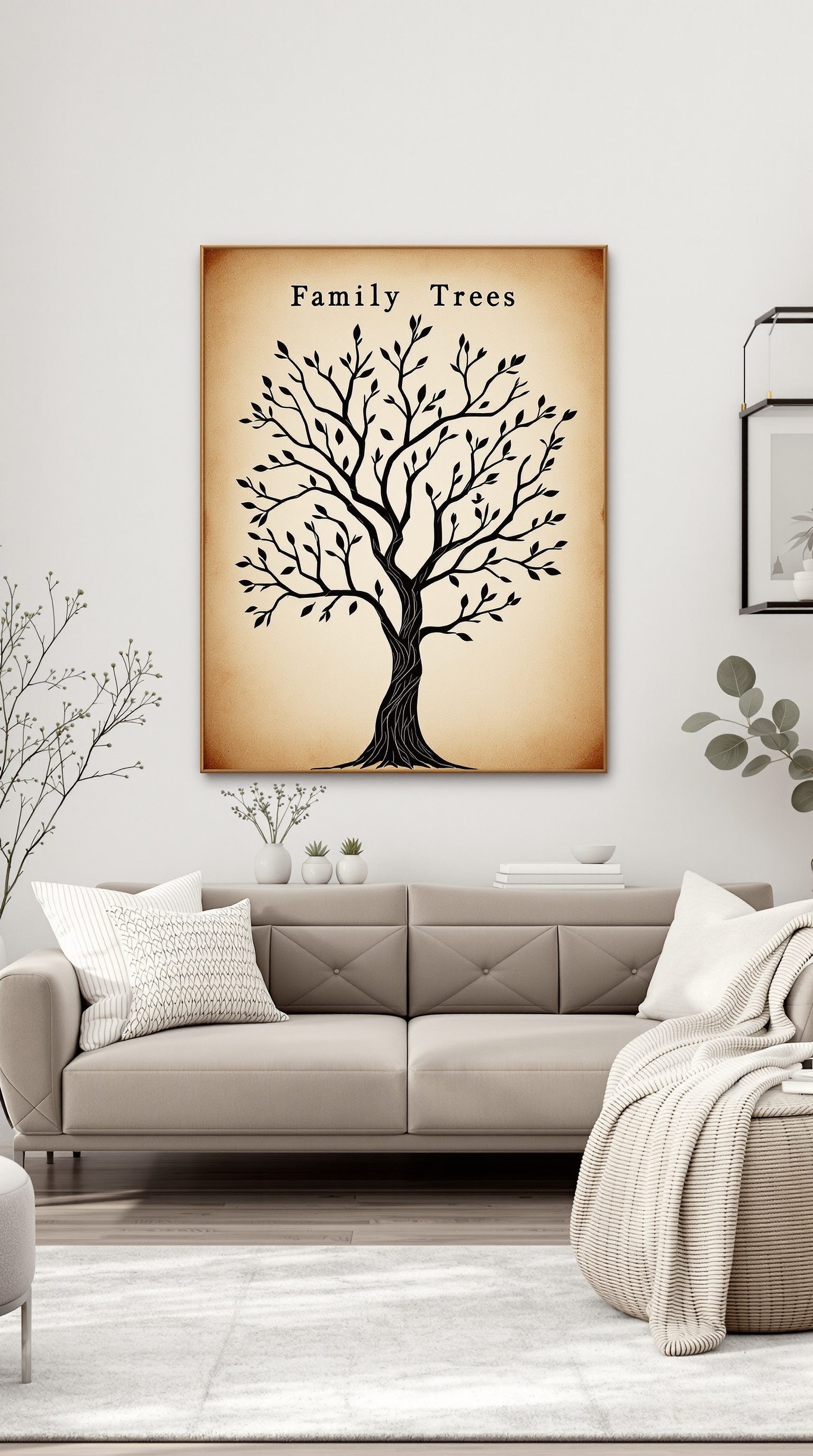Vintage style family tree wall art featuring a black tree illustration on an aged background with the text 'Family Trees'.