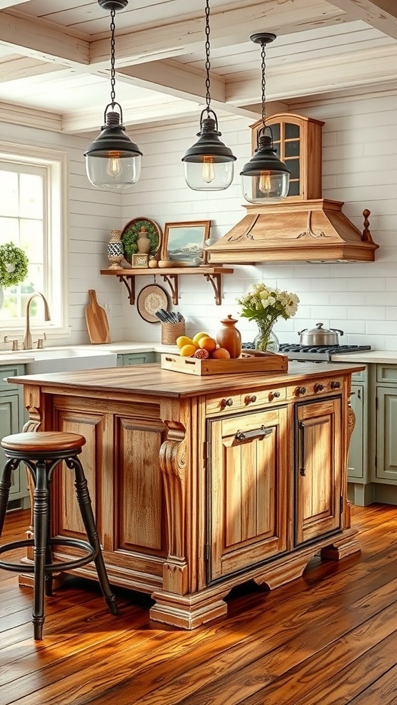 A vintage style kitchen island made of wood with a spacious countertop and decorative items on top, surrounded by rustic kitchen decor.