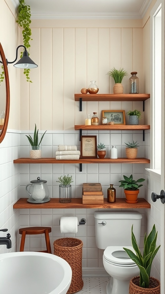 A vintage-style small bathroom with wooden shelves displaying plants and decorative items.