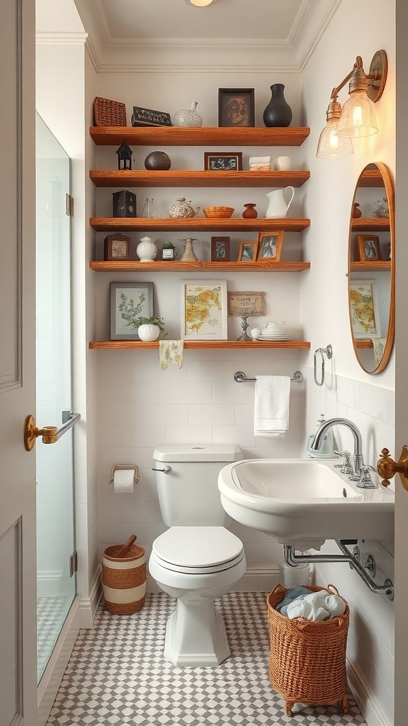 A bathroom featuring vintage wooden shelving with decorative items and personal touches.