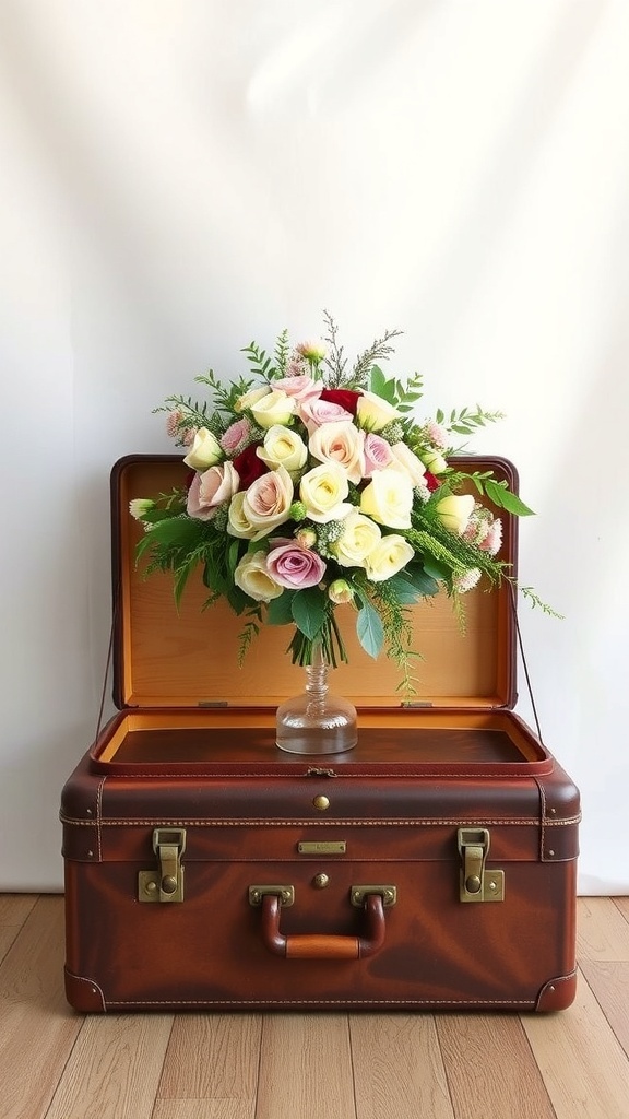 Vintage suitcase with floral arrangement on top