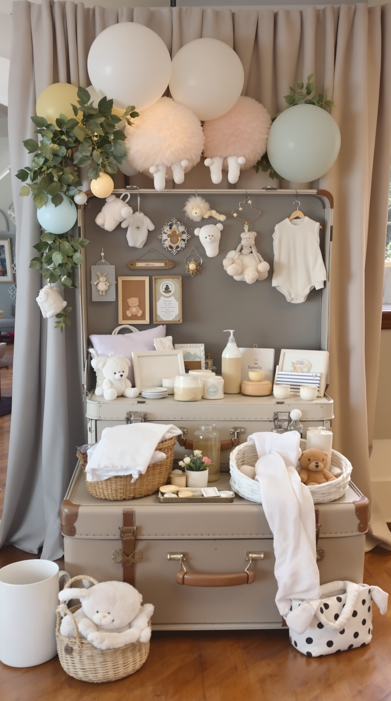 A vintage suitcase filled with toys and cupcakes for a baby shower backdrop.