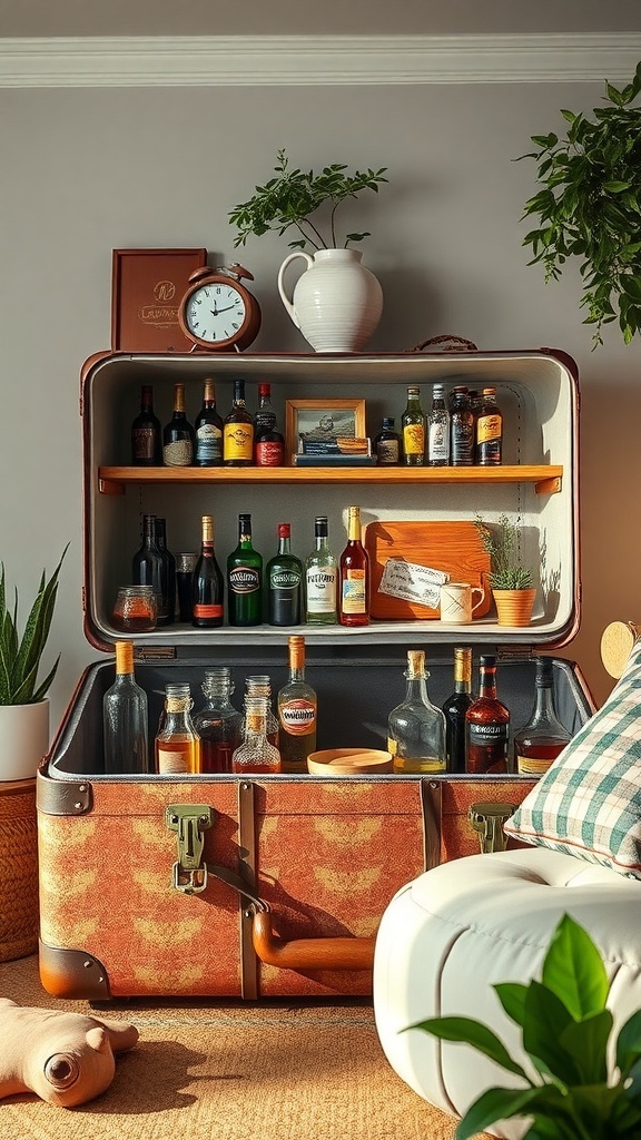 A vintage suitcase converted into a bar, showcasing various bottles of spirits and decorative items.