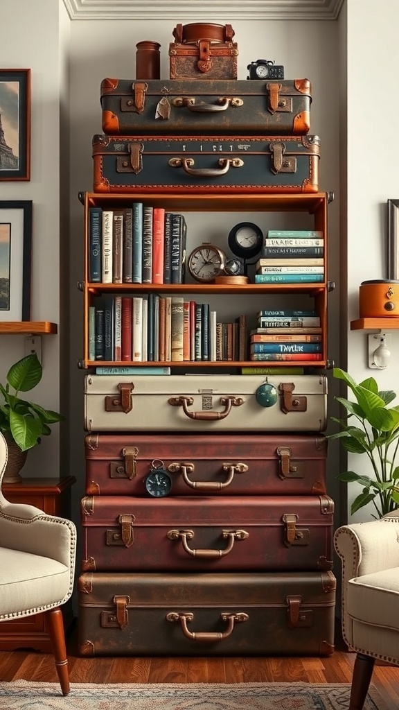 A bookshelf made from stacked vintage suitcases, filled with books and decorative items.