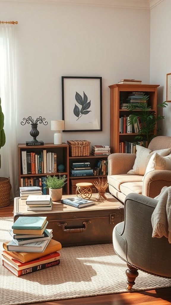 A cozy reading nook featuring a vintage suitcase coffee table surrounded by books and a comfortable chair.