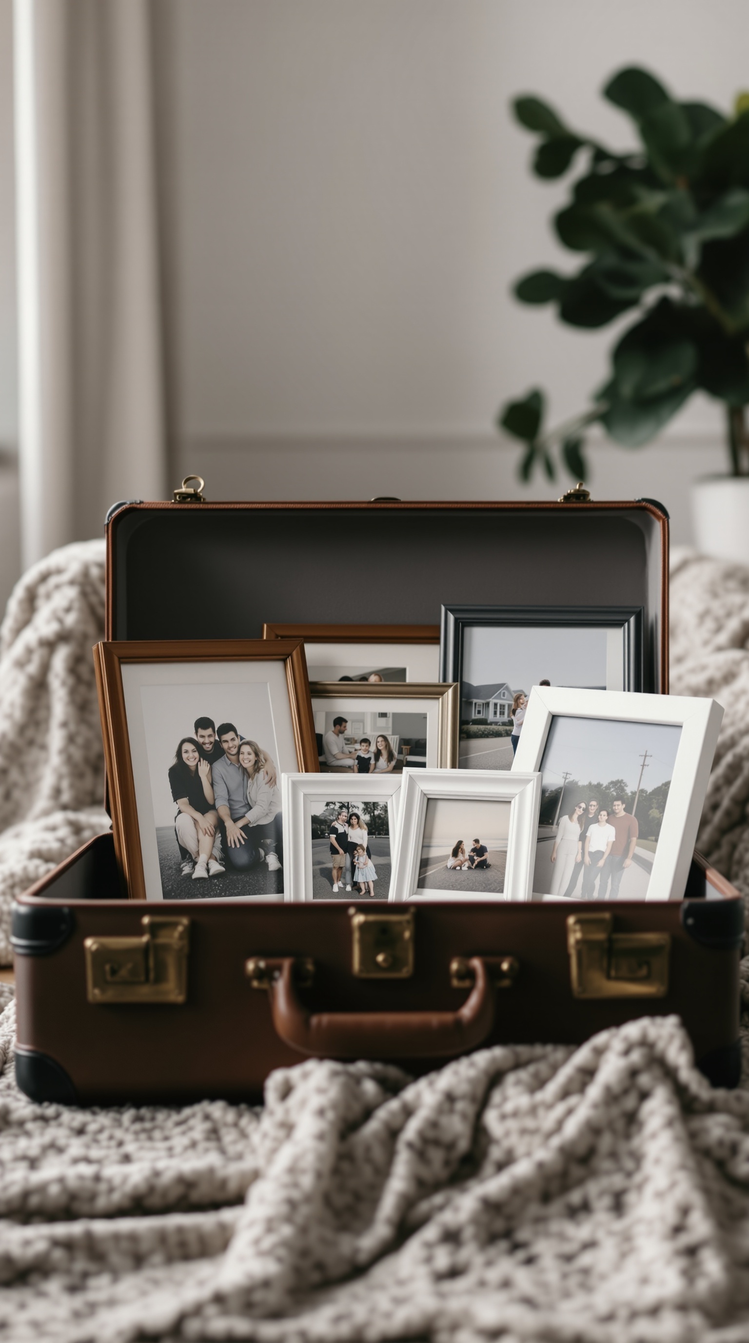 A vintage suitcase filled with various framed family photos, showcasing a creative photo display idea.