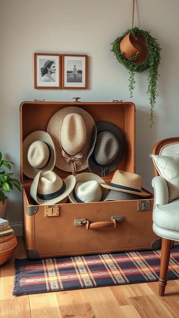 A vintage suitcase filled with various hats, placed in a cozy room with plants and framed photos.