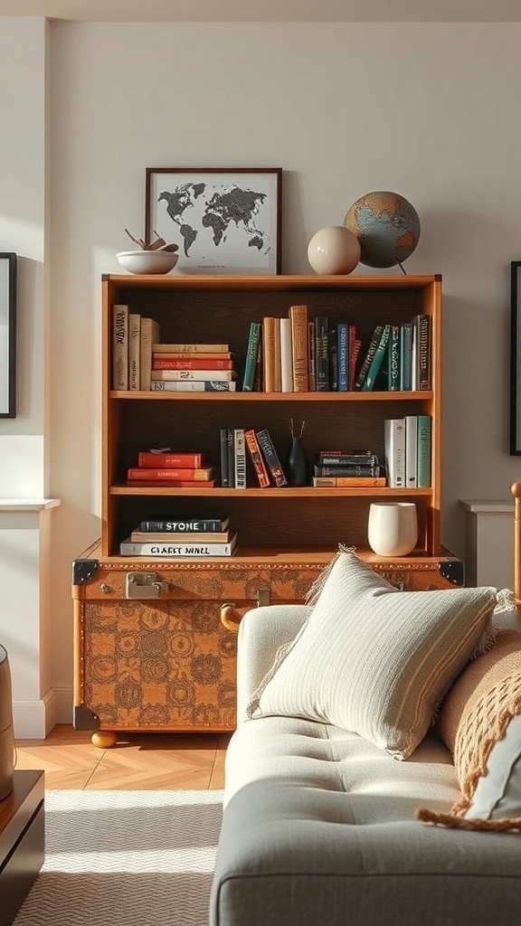 A room showcasing a vintage suitcase as a shelf, filled with books and decorative items.