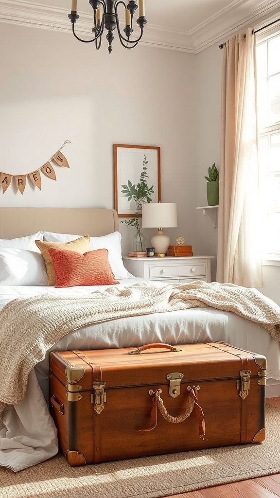 A vintage suitcase used for storage in a cozy bedroom setting.