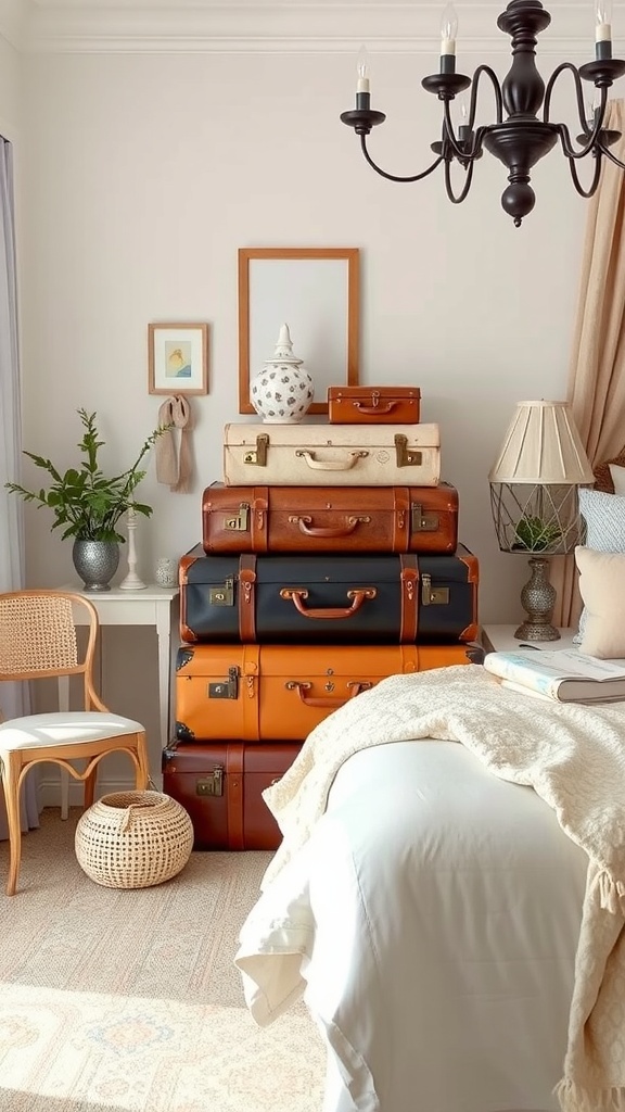 A cozy bedroom featuring stacked vintage suitcases, a chandelier, and soft bedding.