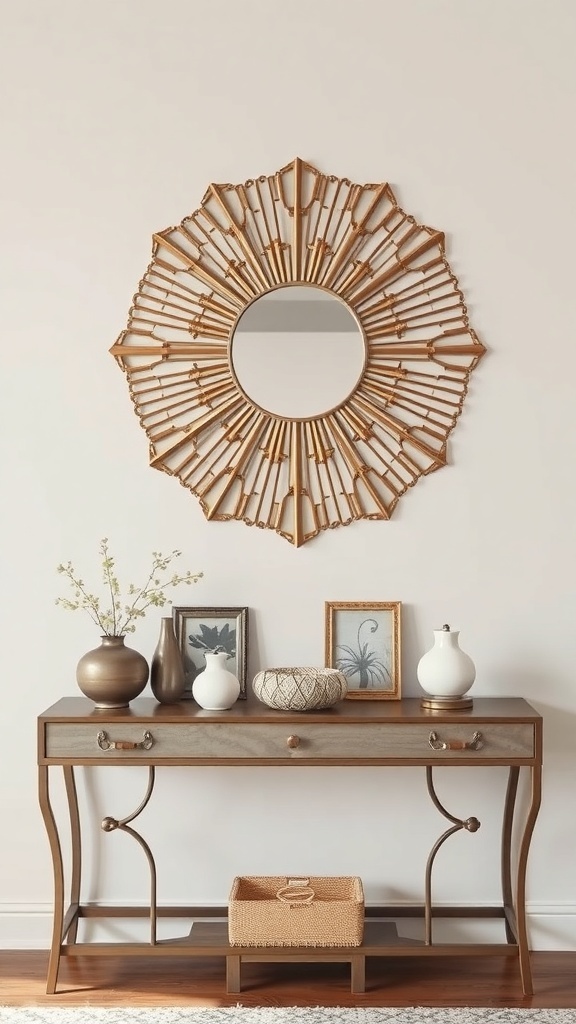 A vintage sunburst mirror above a console table with decorative items.