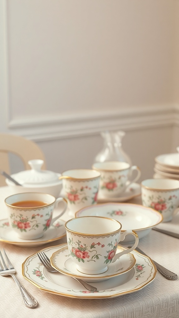 A beautiful vintage tableware collection with floral cups and plates, set on a light-colored tablecloth