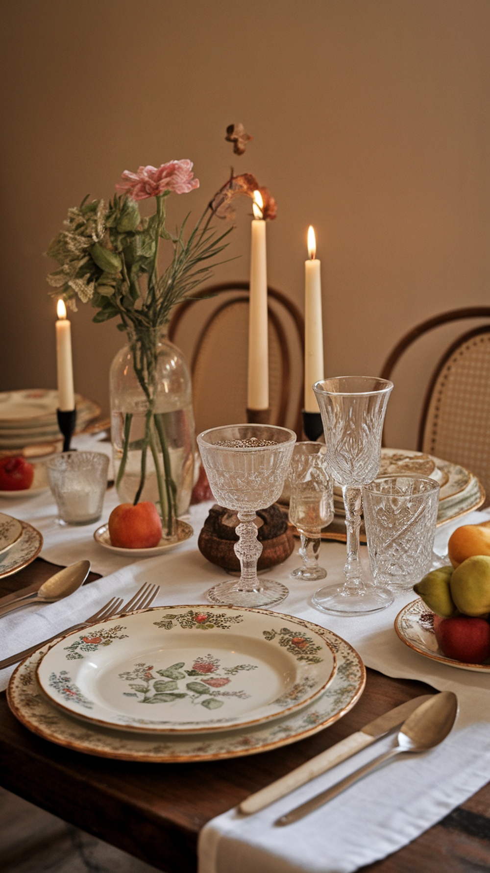 A rustic Thanksgiving table setting featuring vintage floral plates, crystal glasses, candles, and seasonal fruits.