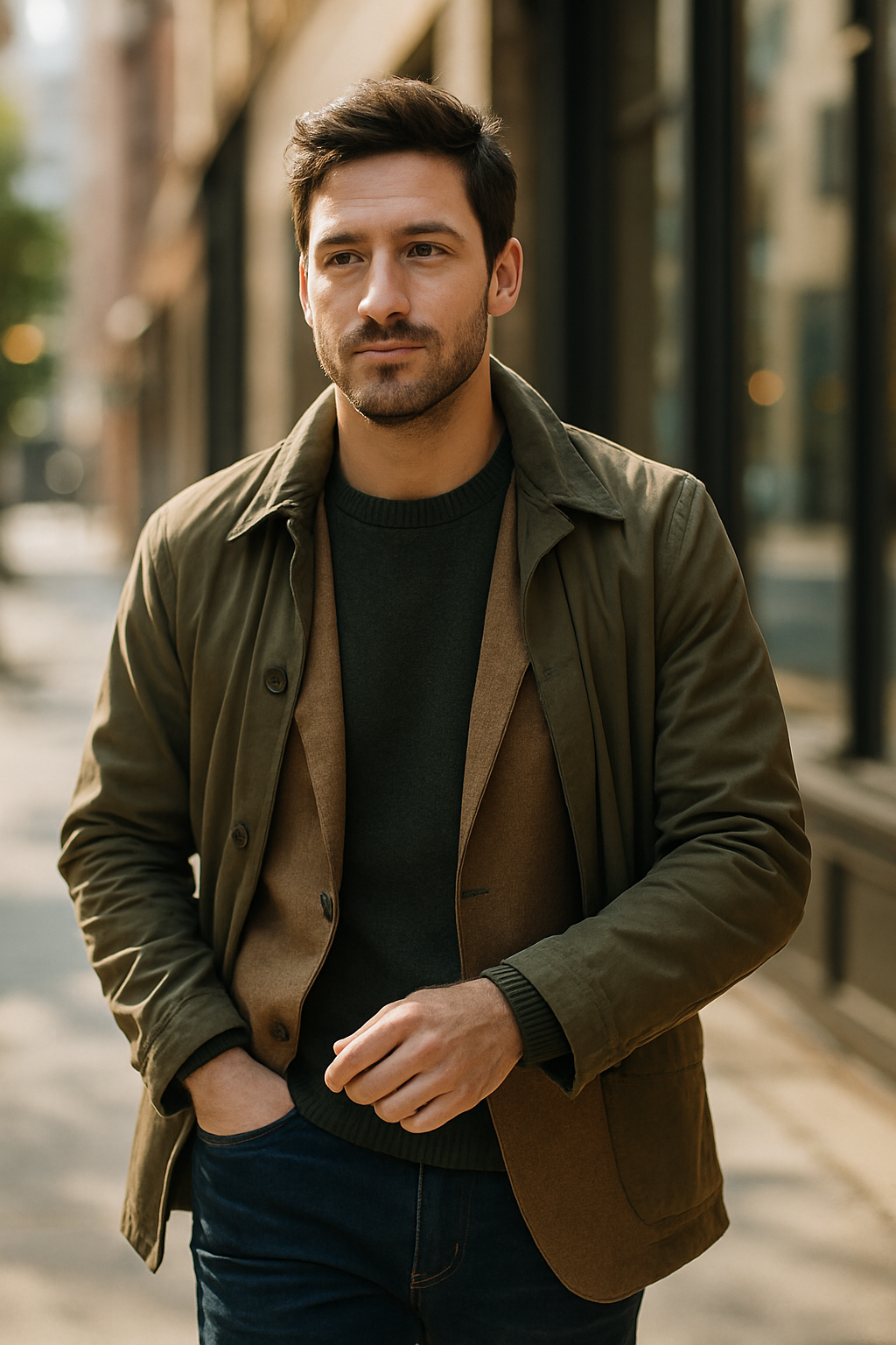 A man wearing a tan outfit with a brown jacket and dark sweater, walking outdoors.