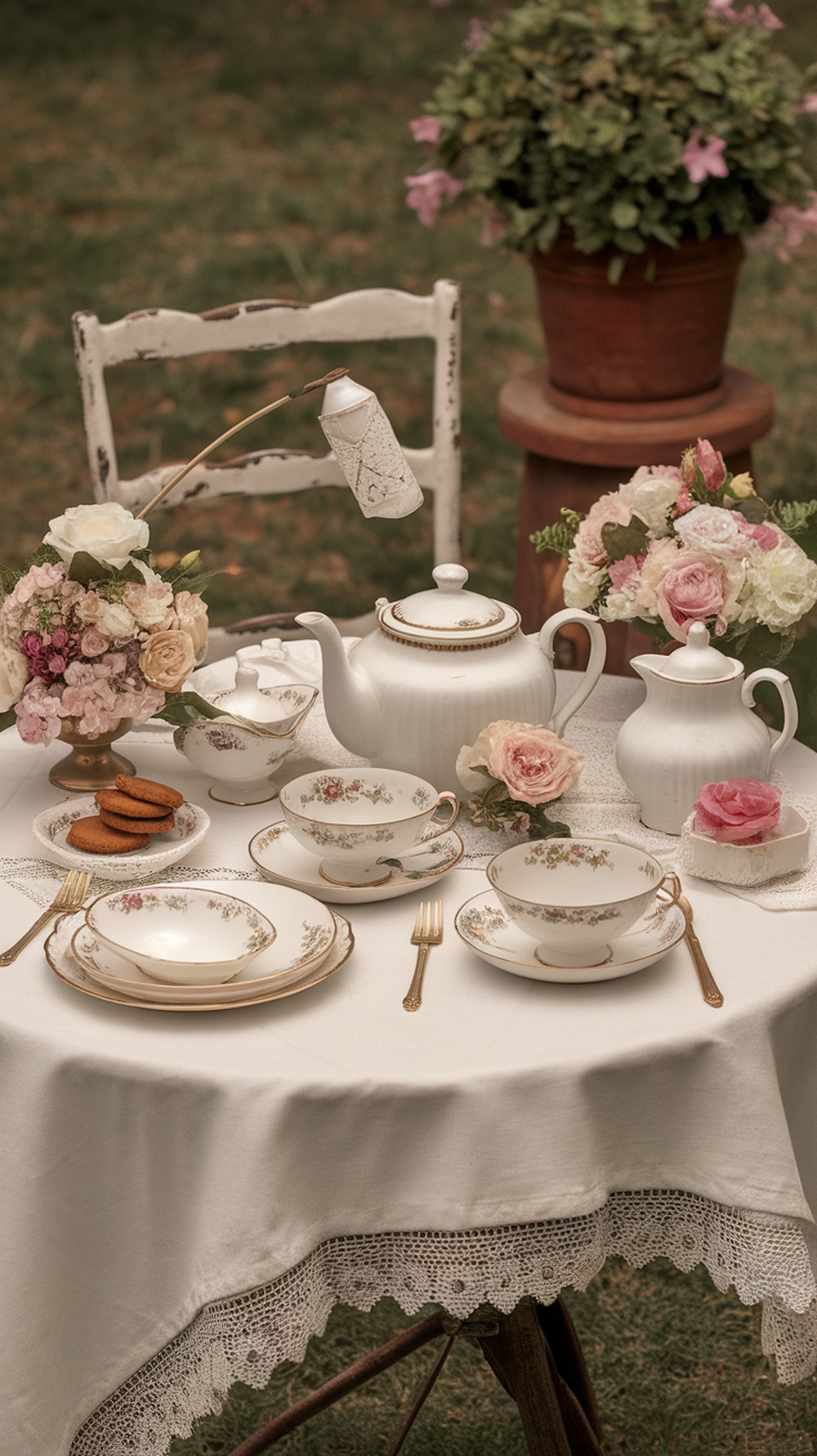 A beautifully arranged vintage tea party table with floral decorations, delicate china, and cookies.