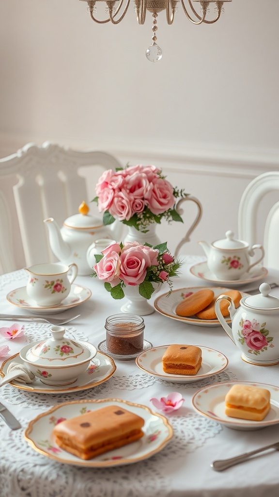 A beautifully arranged tea table with floral china, pastries, and pink roses.