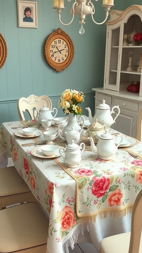 A vintage tea party setup with a floral tablecloth, white china, and a bouquet of yellow roses.