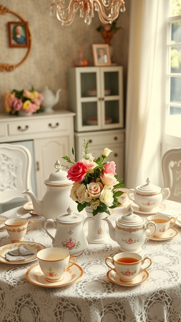 A beautifully set vintage tea party table with fine china, flowers, and a lace tablecloth.