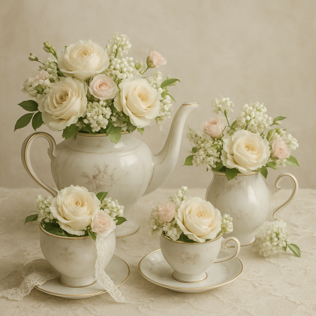 A vintage tea set with flowers, including roses and greenery, arranged as a centerpiece.