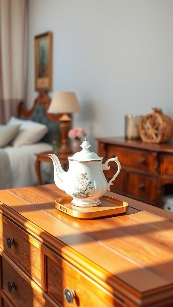 A vintage tea set displayed on a wooden dresser in a cozy bedroom.