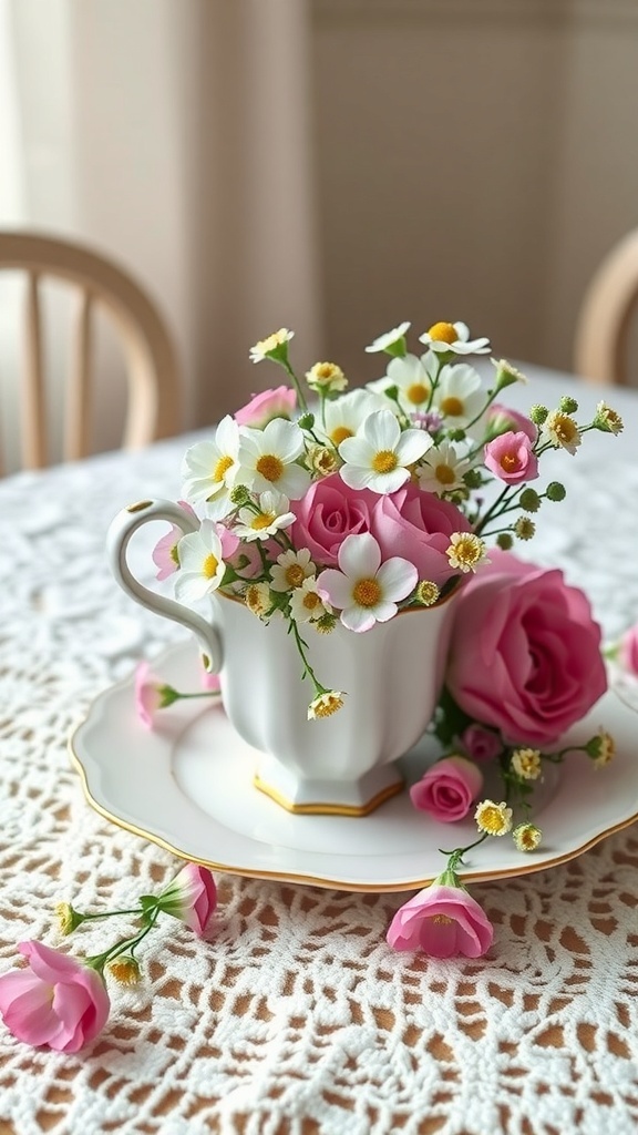 A vintage teacup filled with pink roses and white daisies on a lace tablecloth.