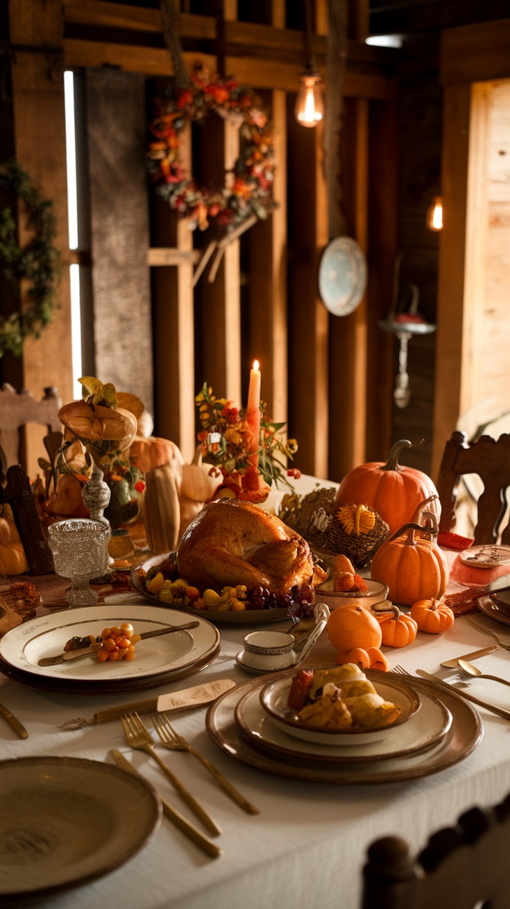 A beautifully set Thanksgiving table with a roasted turkey, pumpkins, and rustic decor.